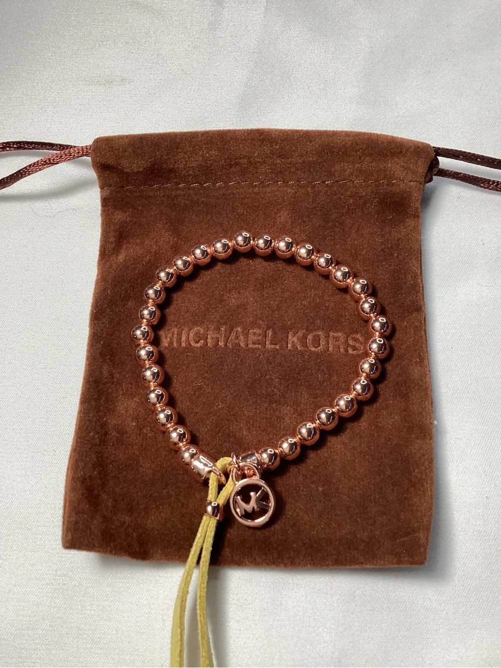 Michael Kors Rose Gold Beaded Logo Bracelet - Pinkish Rose Gold NWT & Velvet Bag